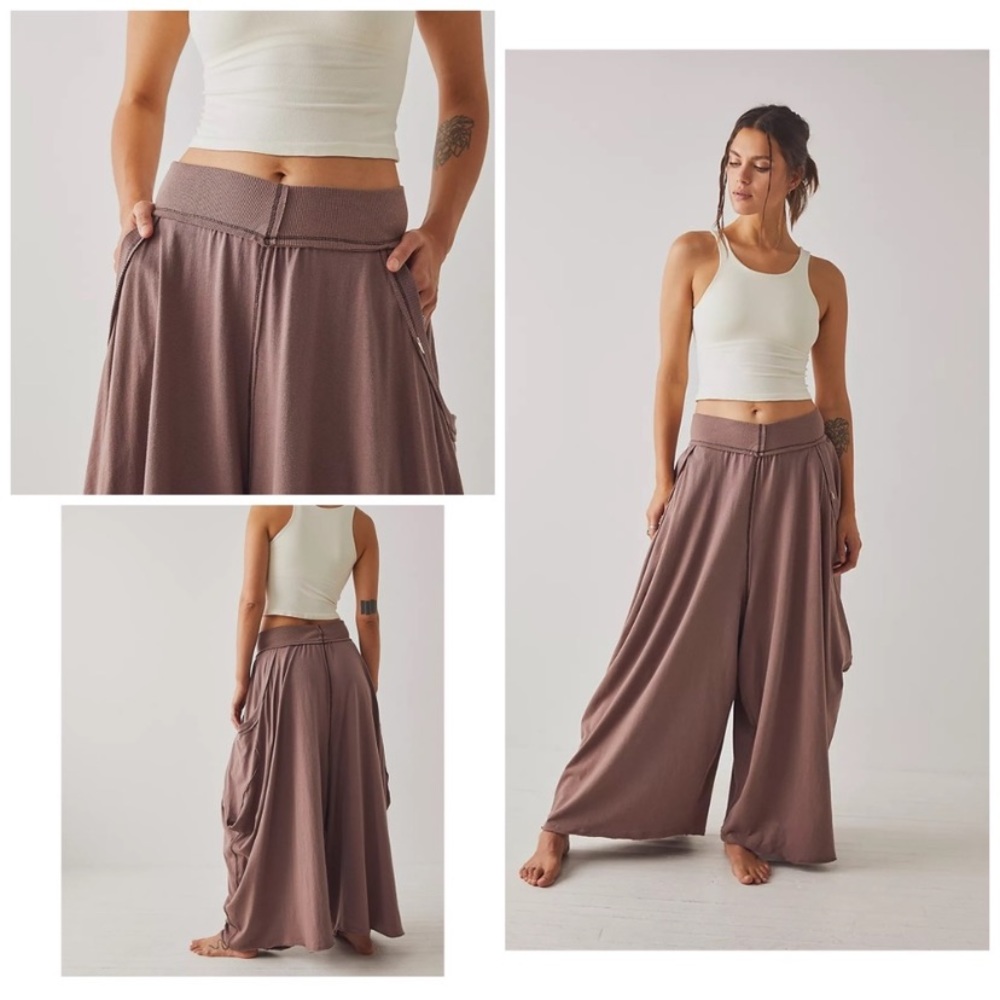 Free People Wide Leg Knit Palazzo Pants in Mauve Brown